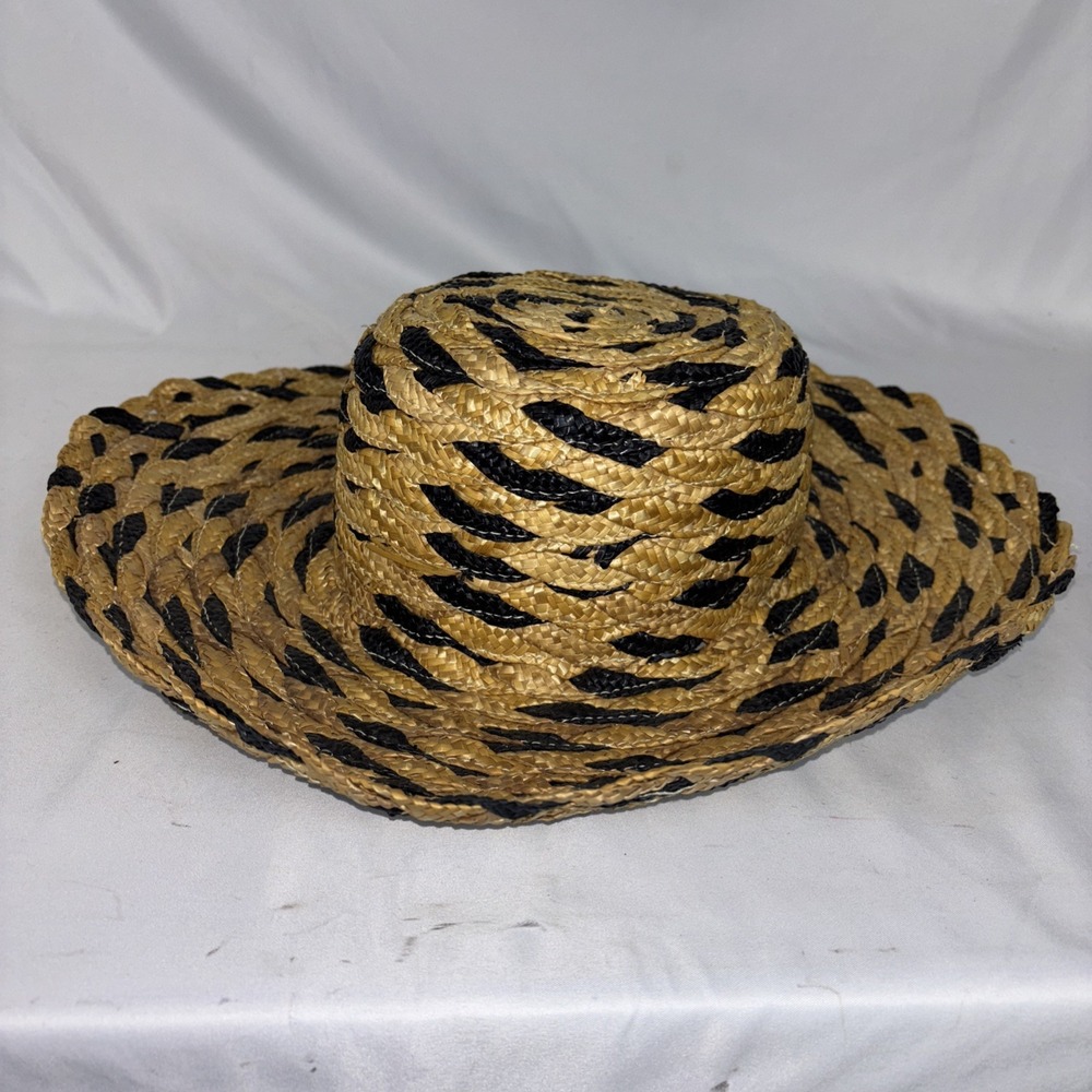 NWT Woven Straw Hat Wide Brim Black Animal Print Beach Casual Sun Hat NEW - Picture 5 of 11